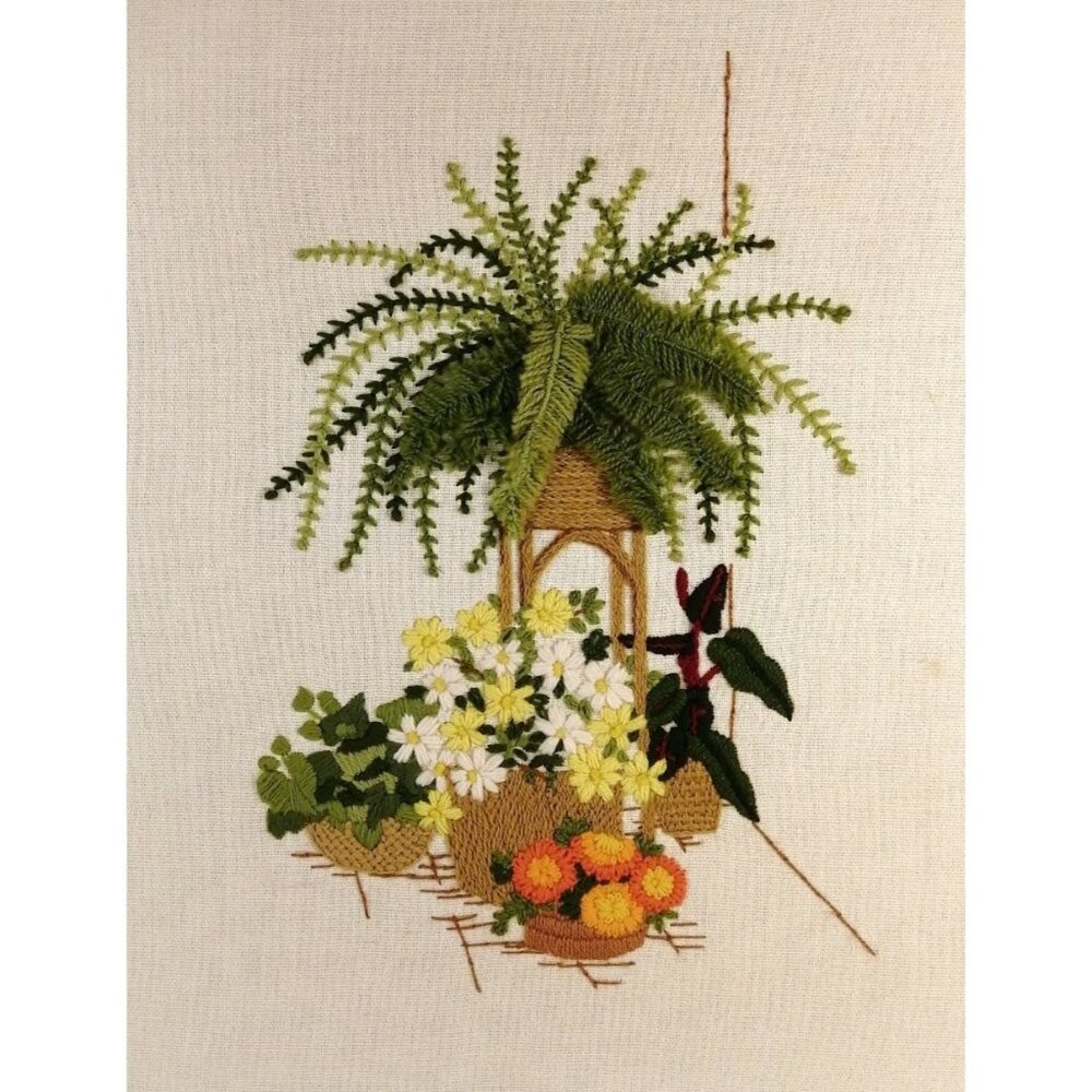 Vintage Finished Crewel Embroidery MCM 3D Fern Flowers Sunset 1975 16x20 Inches